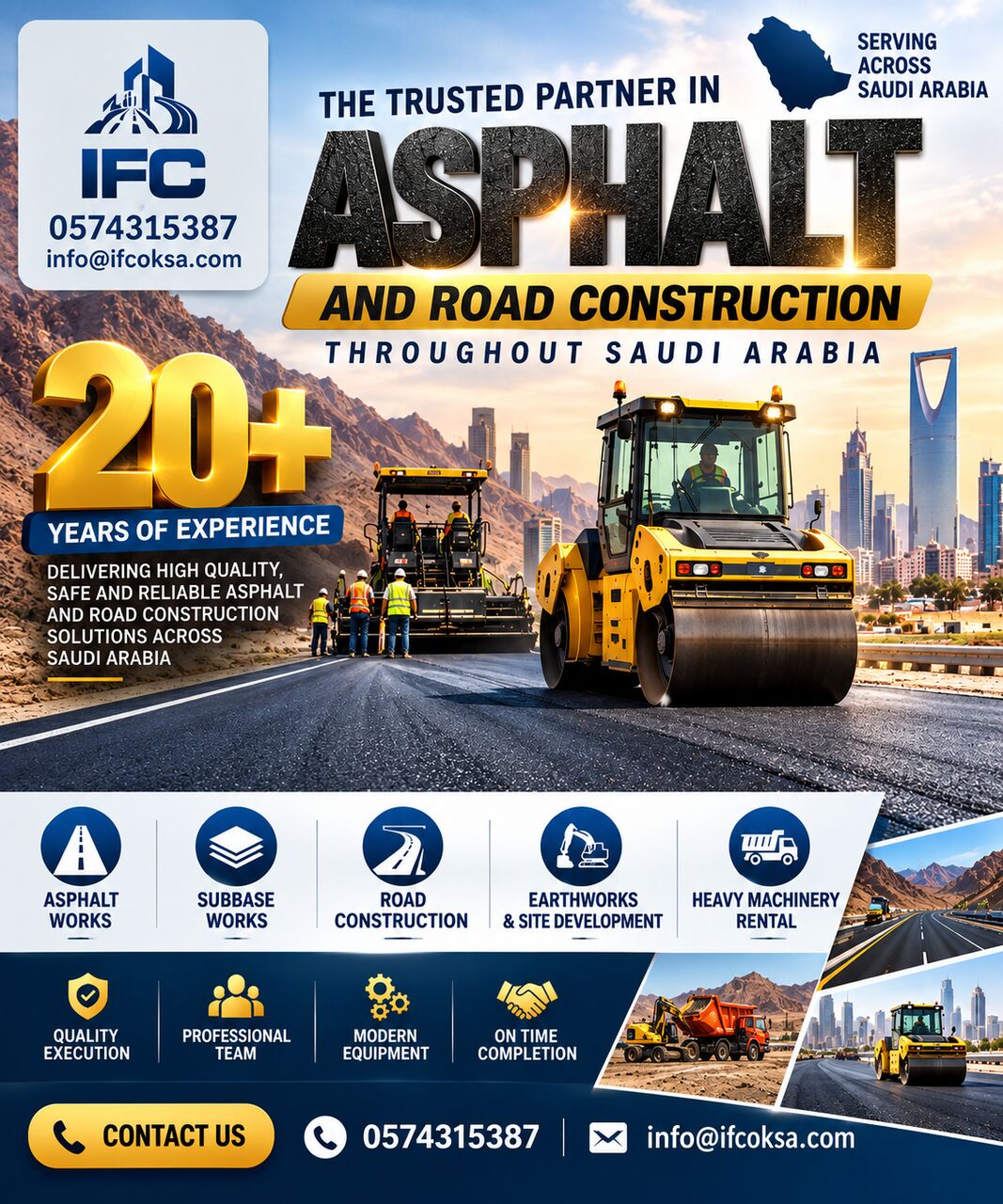 Riyadh, Construction, Professional Road Construction, Asphalt Works & Heavy Equipment Rental Services