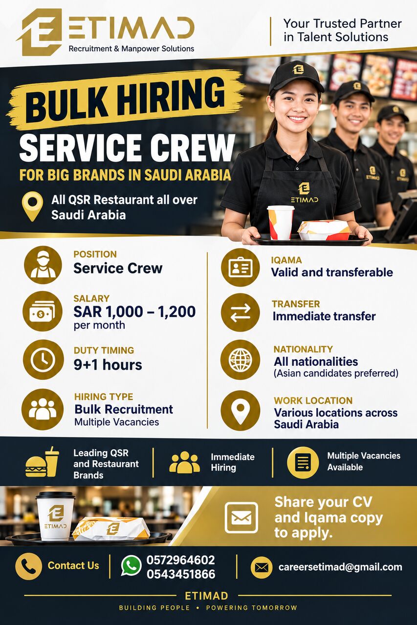 Riyadh, Jobs, SERVICE CREW - KITCHEN HELPER