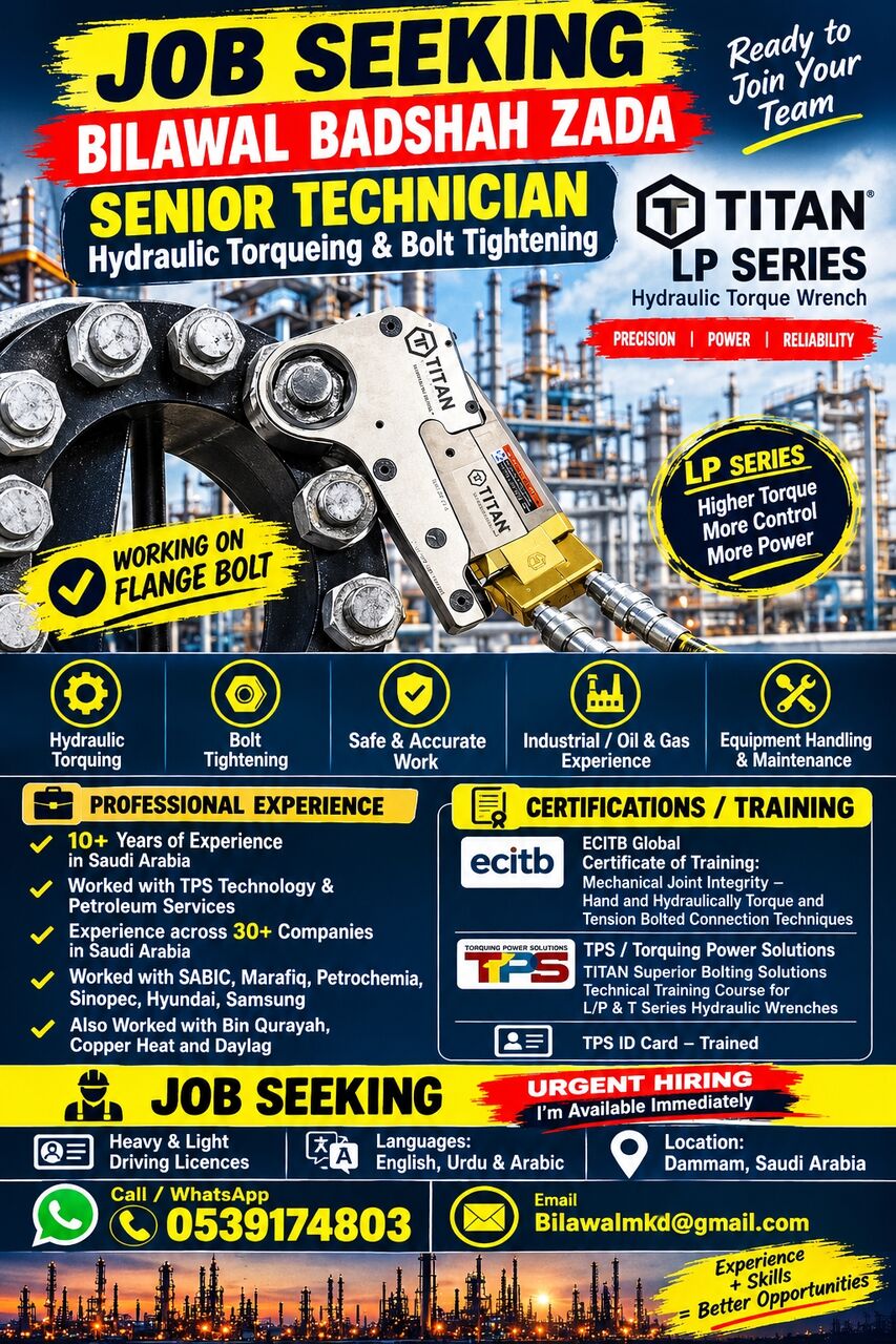 Dammam, Job Seekers, Technician Of Nut Bolt Tightening