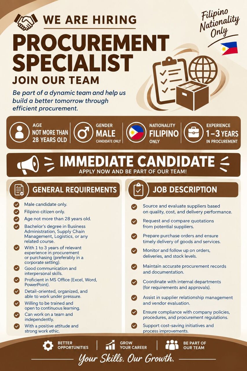 Riyadh, Jobs, Procurement Specialist - FILIPINO - Immediate Hiring