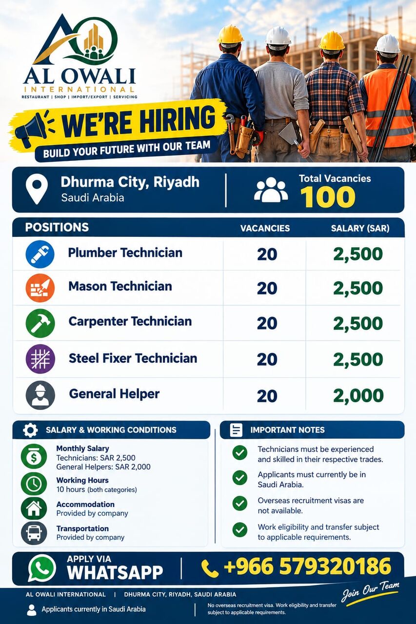 Riyadh, Jobs, Hiring! Plumber, Electrician, Steel Fixer!