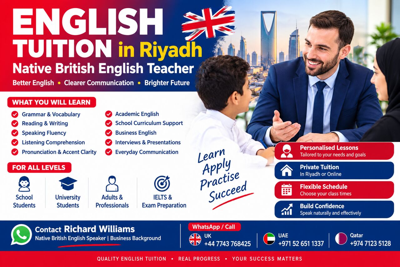 Riyadh, Lessons Wanted, Native British English Tutor | School Support, Speaking & Pronunciation | Riyadh