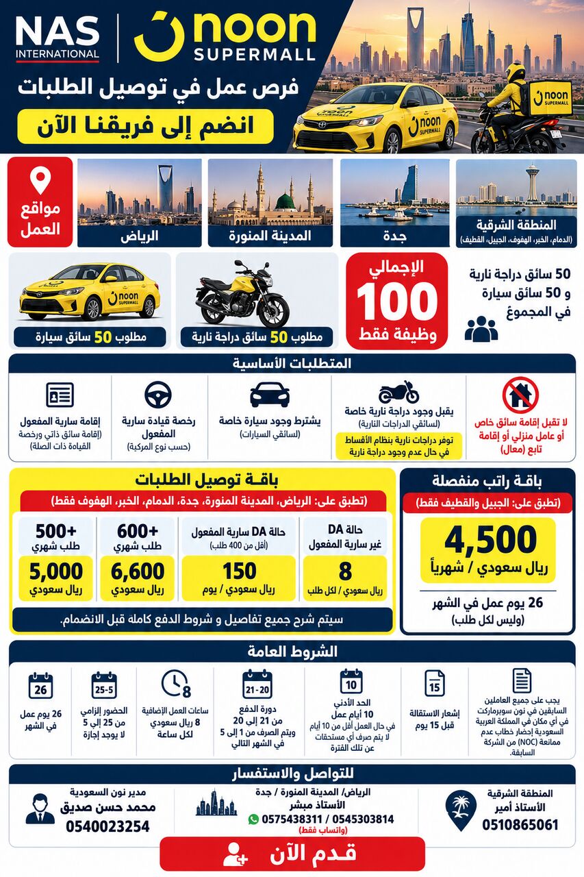 Riyadh, Jobs, 🚨 Couriers Wanted Across KSA! | 50 Bike Riders + 50 Car Drivers | NAS International × Noo