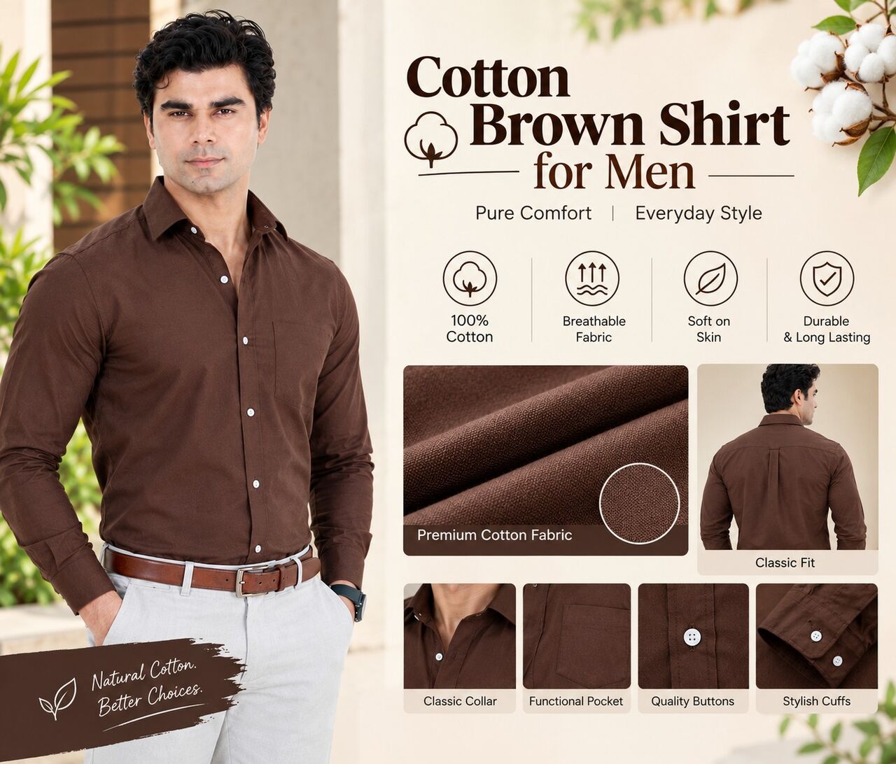 Noida, Clothing & Accessories, INR 999,  Cotton Brown Shirt For Men | Soft Fabric Full Sleeve Regular Fit