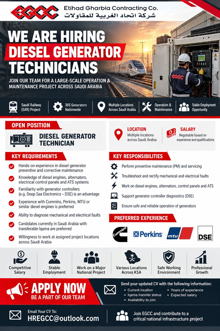 Riyadh, Jobs, Diesel Generator Technicians | Saudi Arabia