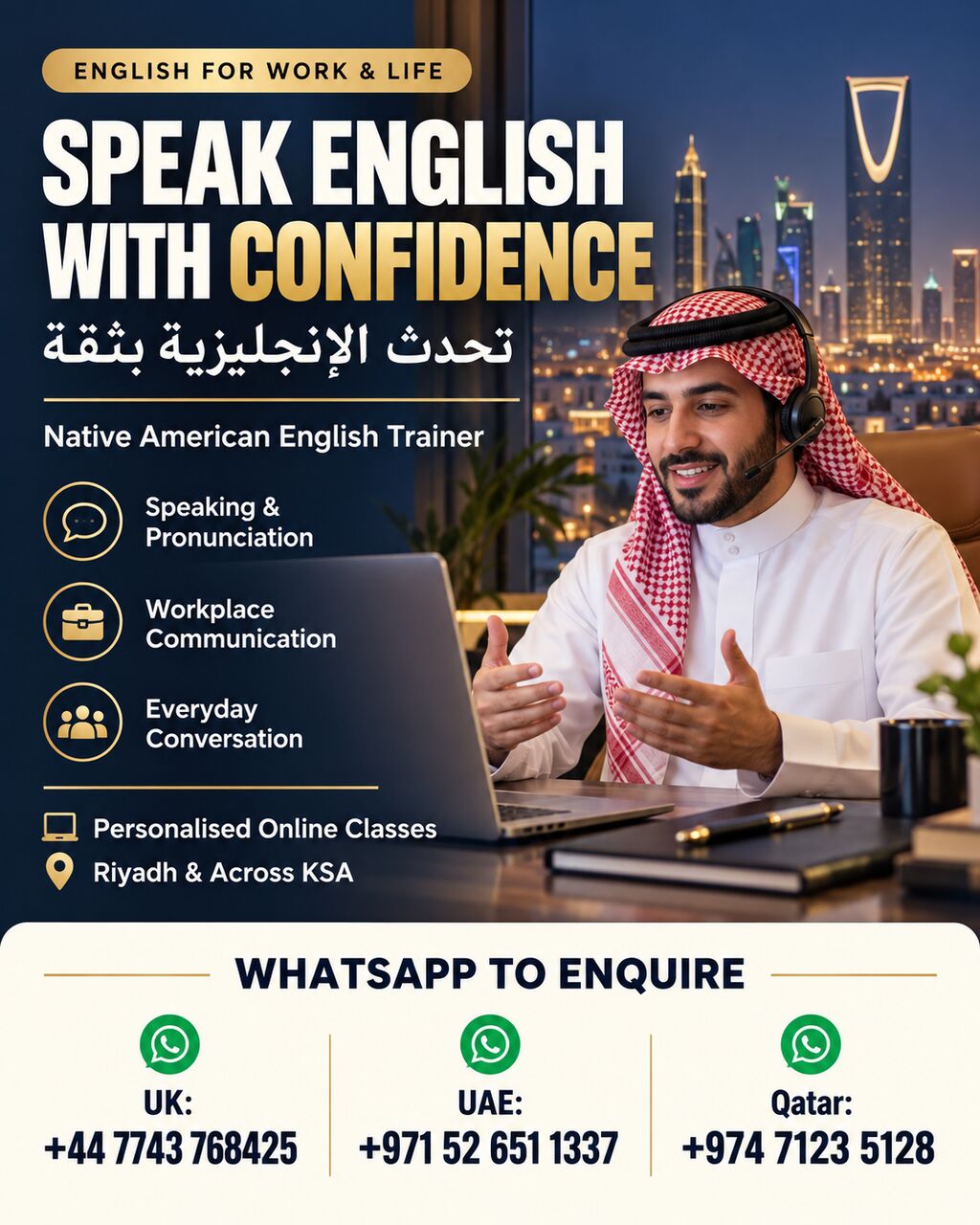 Riyadh, Lessons Offered, Speak With Confidence | Native American English Coach | Pronunciation, Grammar & Vocabular