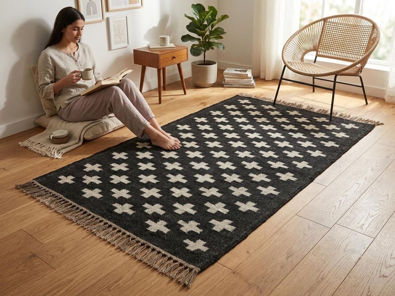 New York, Household Items, USD 100,  Kilim Area Rug | Black And Ivory Diamond Lattice Rug
