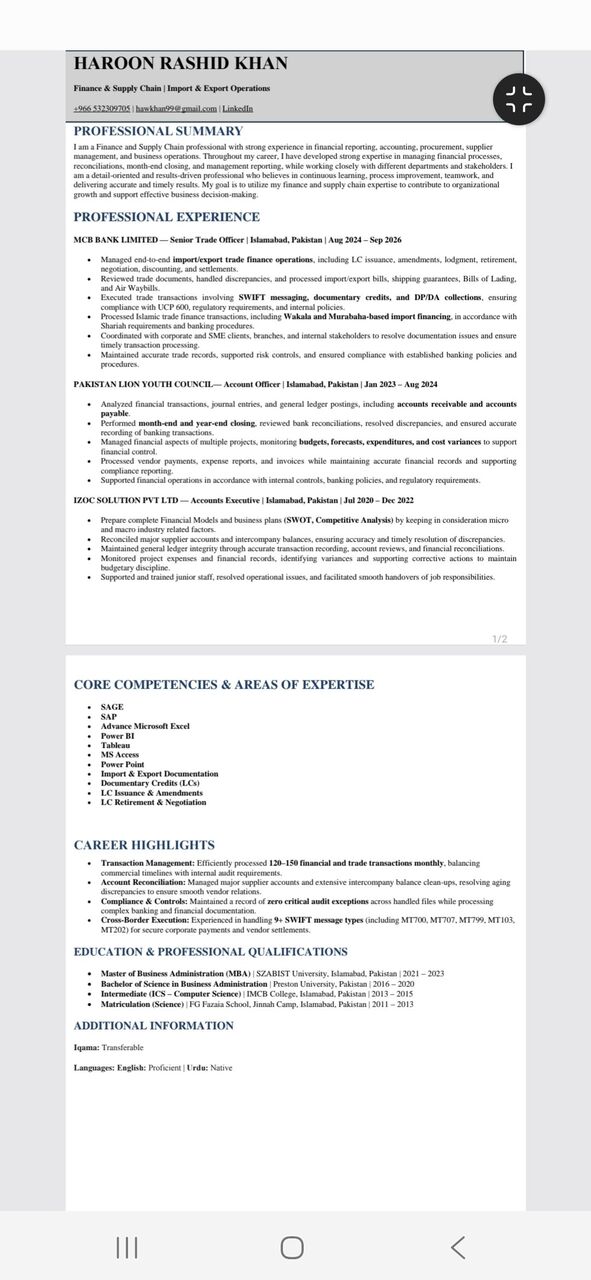 Riyadh, Job Seekers, Logistics Officer, Accountant, Finance Officer, Export Officer