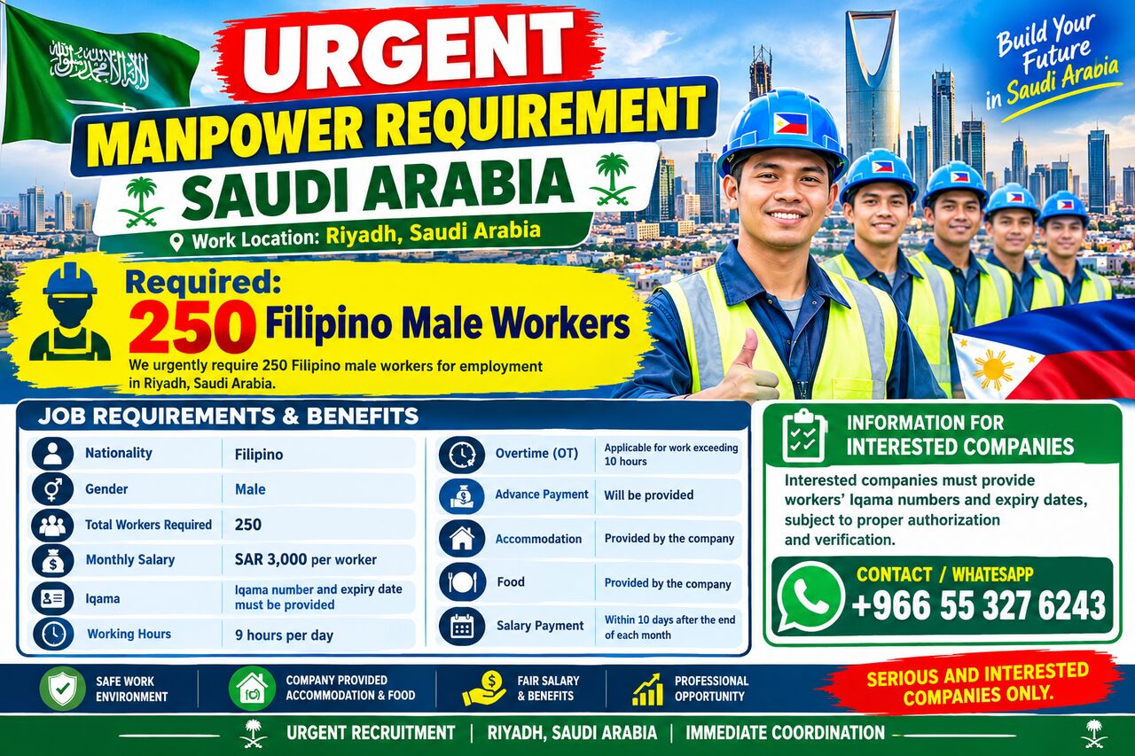 Riyadh, Jobs, 🇸URGENT MANPOWER REQUIREMENT/ SAUDI ARABIA/👦250 Filipino Male Workers