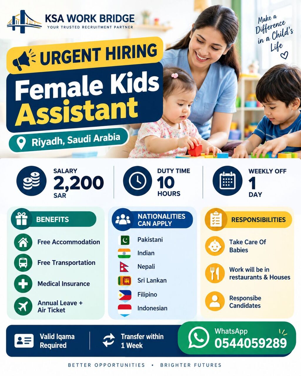 Riyadh, Jobs, Female Kids Assistant Required &ndash; Riyadh | SAR 2,200 + Free Accommodation & Transport