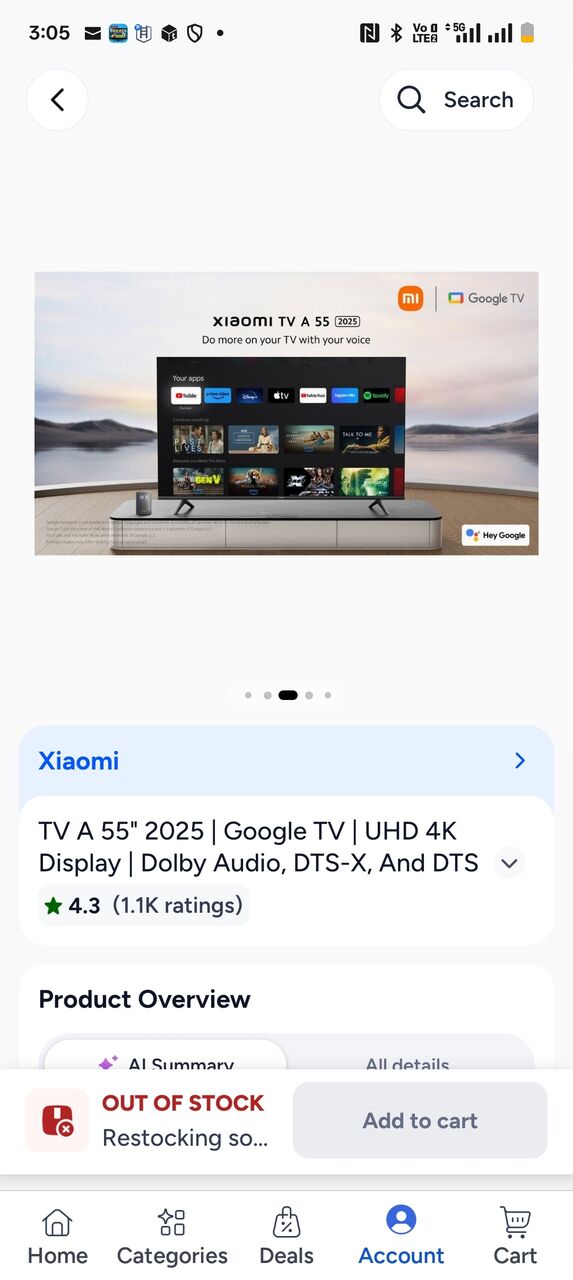 Al Iskan, Electronics, SAR 800,  Xiomi TV A 55" 2025 |  Google TV |  UHD 4K  Display | Dolby Audio, DTS-X, And DTS