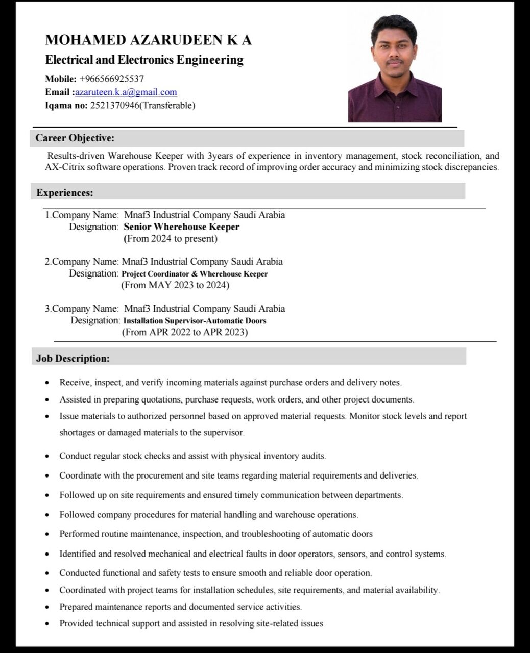 Riyadh, Job Seekers, Electric Engineering, Project Coordinator, Wherehouse Keeper