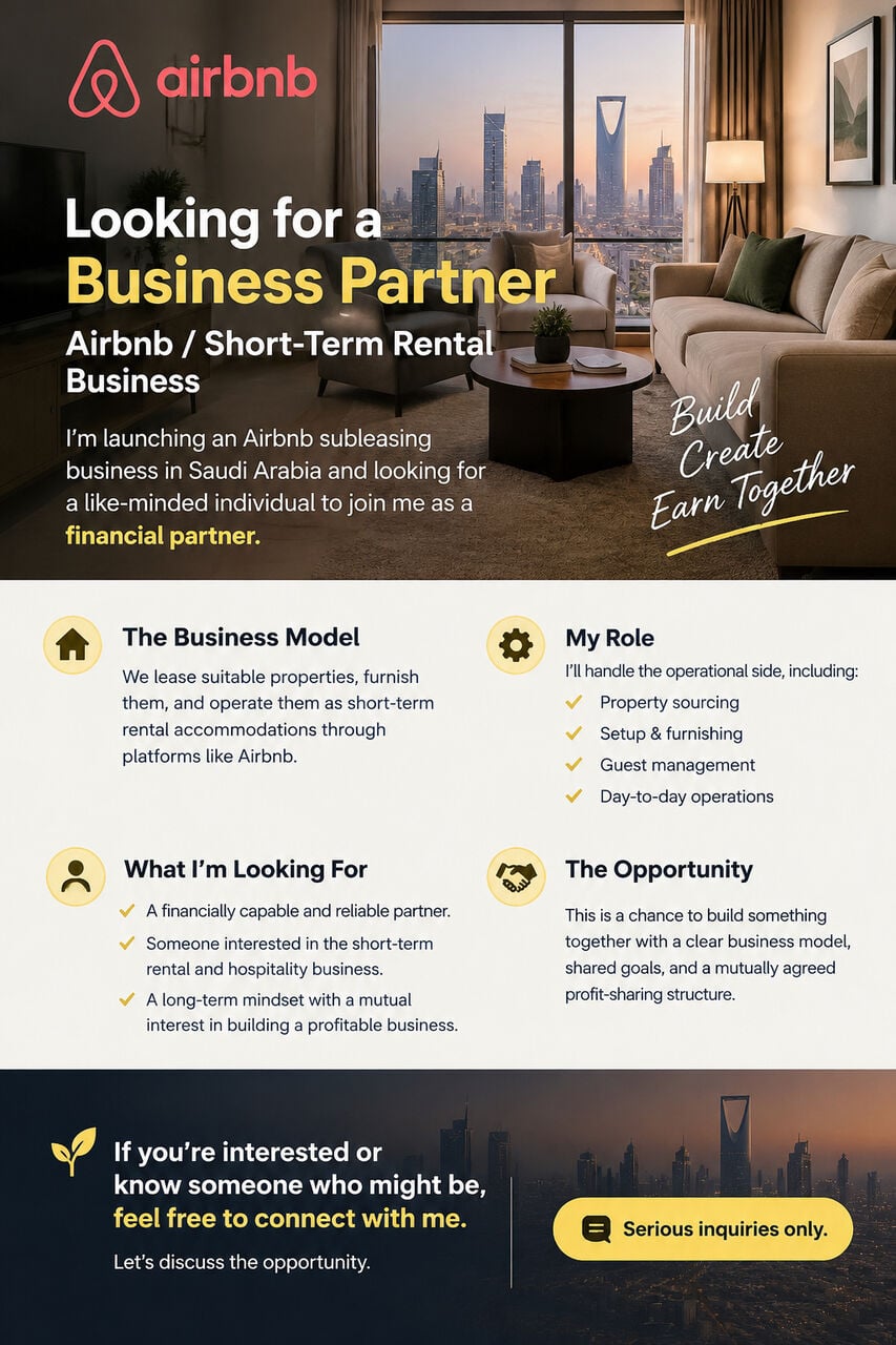 Riyadh, Business Partners, 🏡 Looking For A Business Partner – Airbnb / Short-Term Rental Business