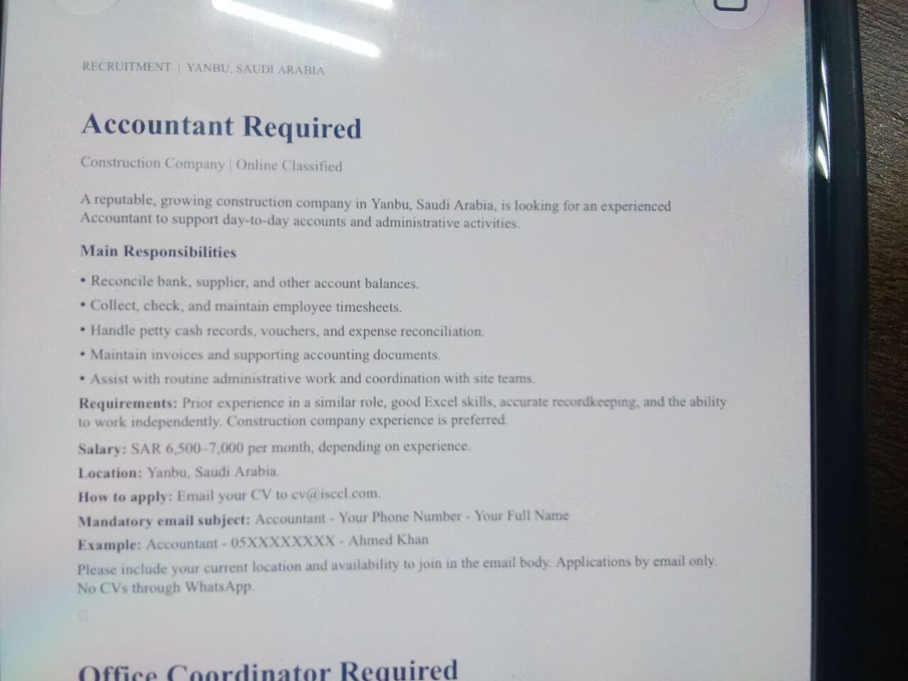 Yanbu, Jobs, Accountant