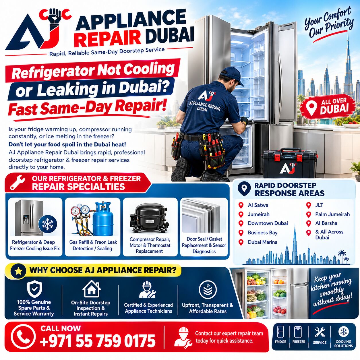 Dubai, Appliance Repair, Refrigerator Not Cooling Or Leaking In Dubai? Fast Same-Day Repair