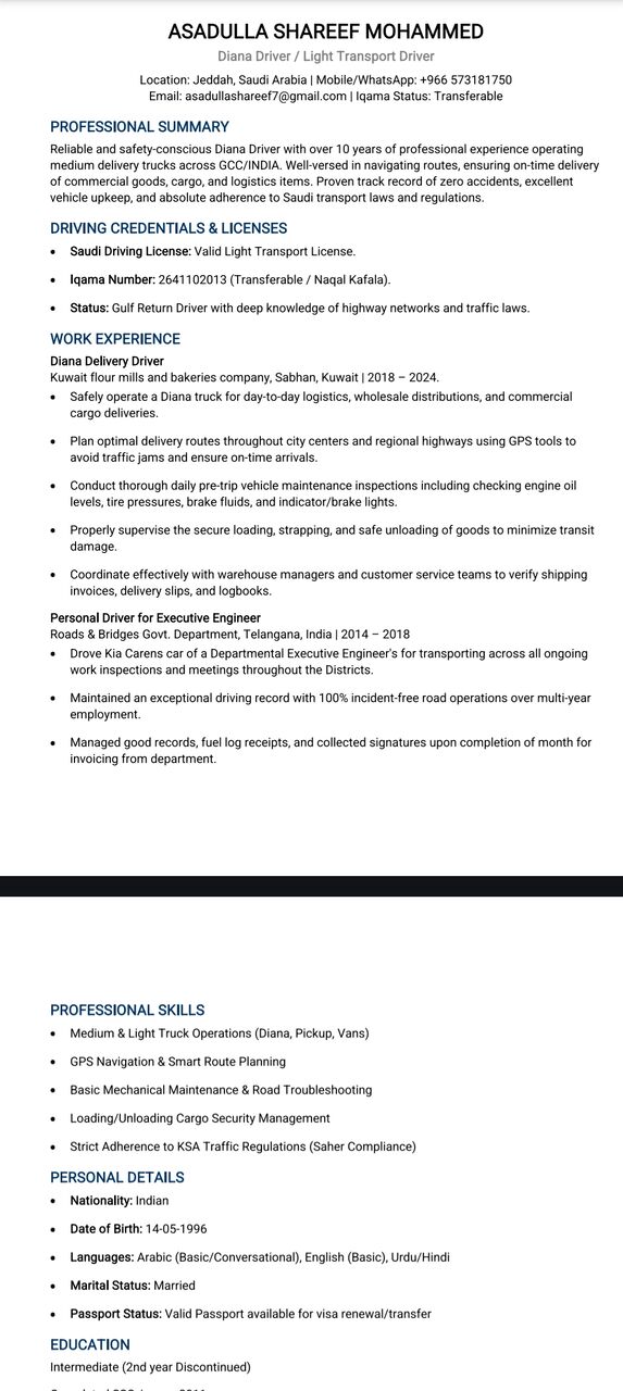 Yanbu, Job Seekers, Medium Transport Vehicle Driver