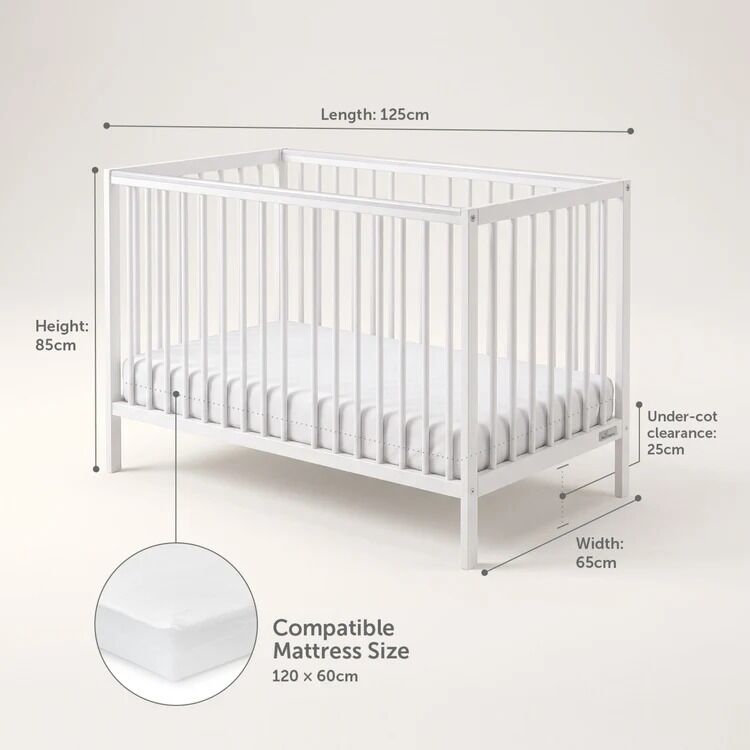 Al Malaz, Furniture, SAR 250,  White Wooden Baby Cot / Crib With Mattress (125x65 Cm) &ndash; Good Condition
