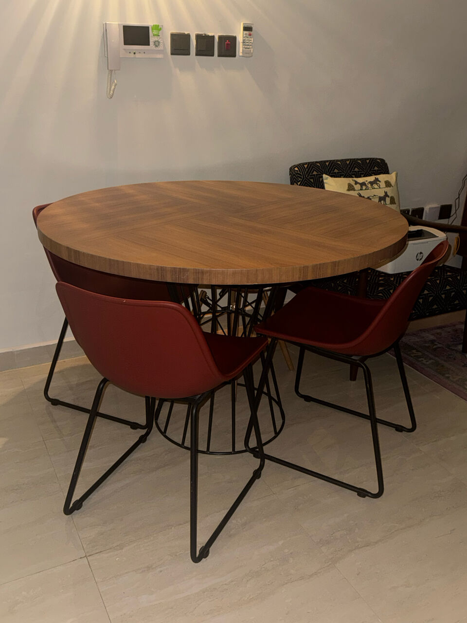Al Malqa, Furniture, SAR 1000,  Modern Wood Dining Table With Red Chairs