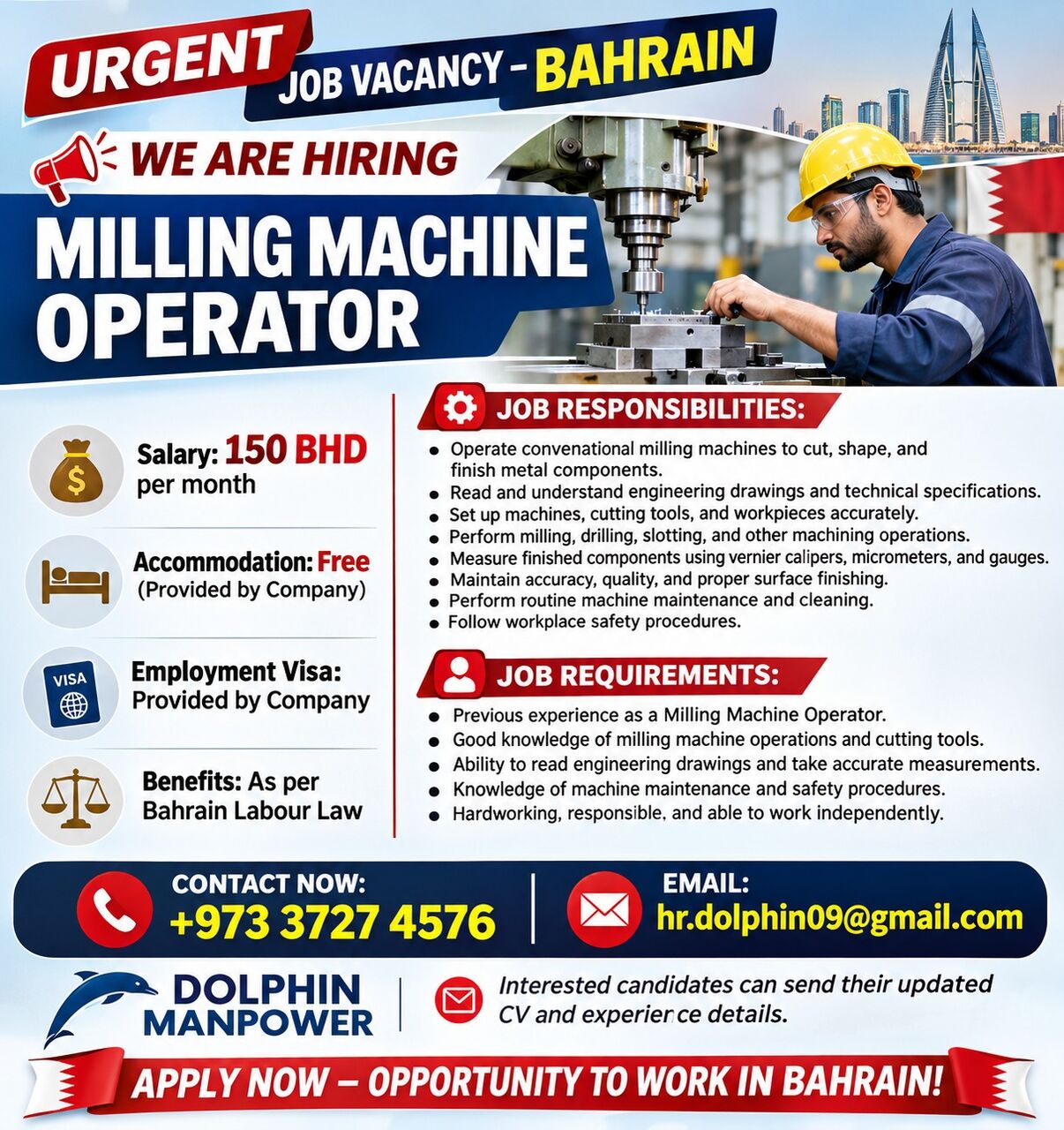 Jidhafs, Jobs, We Are Hiring -MILLING MACHINE OPERATOR