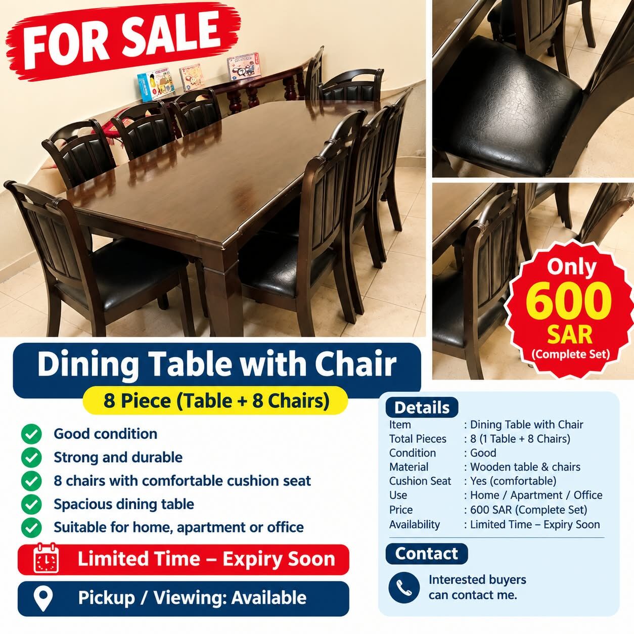 Dammam, Furniture, SAR 600,  Dining Table With 8 Chairs For Sale - SAR 600