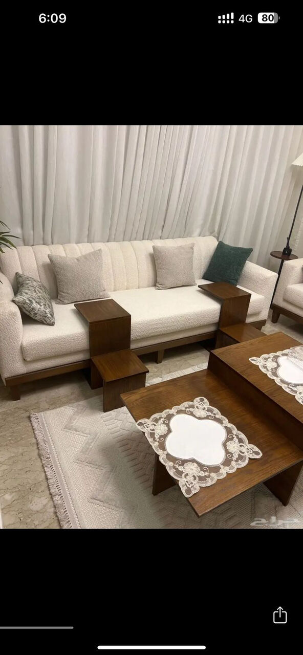 Jeddah, Furniture, SAR 2000,  3-Piece Cream Sofa Set With Matching Wooden Tables &ndash; SAR 2,000