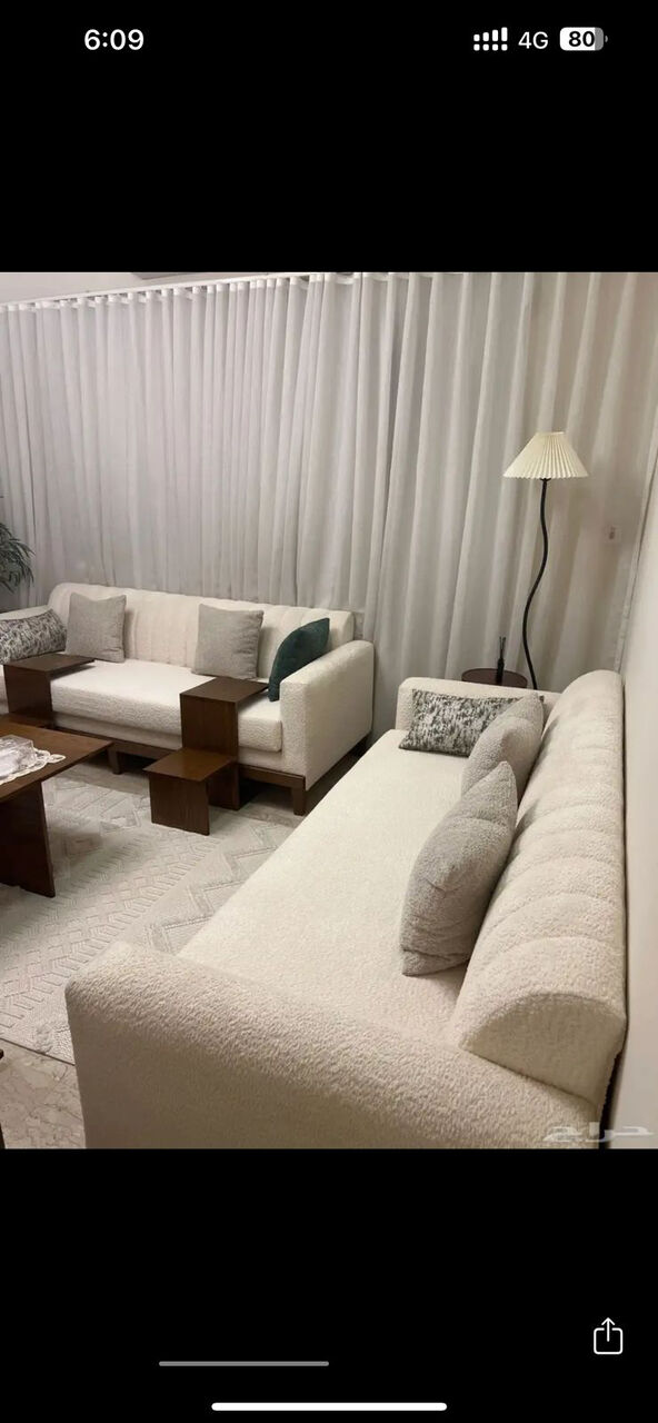 Jeddah, Furniture, SAR 2000,  3-Piece Cream Sofa Set With Matching Wooden Tables &ndash; SAR 2,000