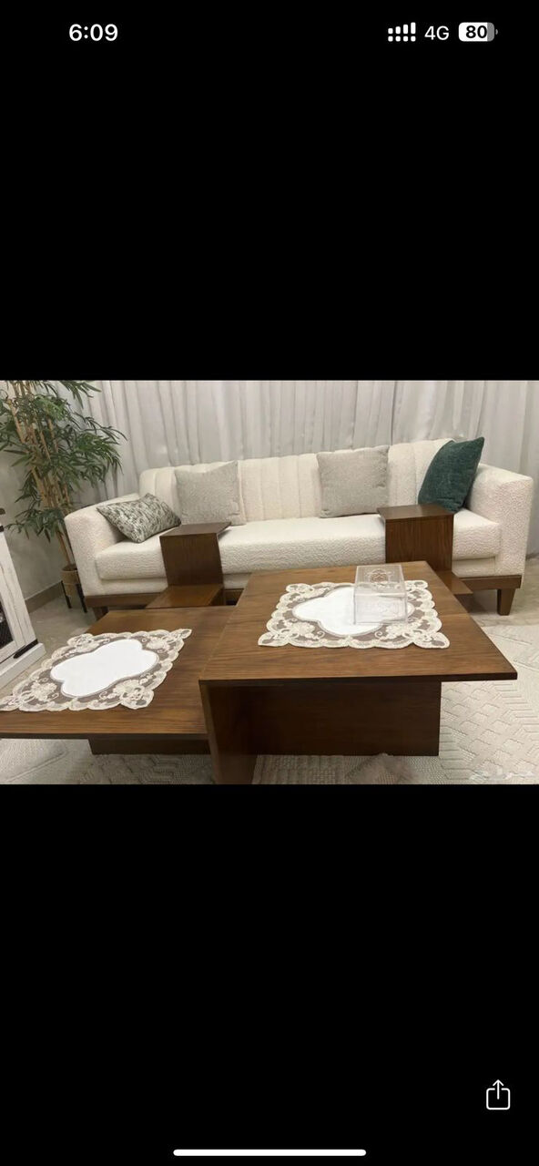 Jeddah, Furniture, SAR 2000,  3-Piece Cream Sofa Set With Matching Wooden Tables &ndash; SAR 2,000